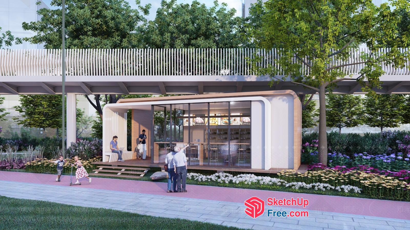 Modern Outdoor Space With Glass Curtain Wall And Railing 3D SketchUp File