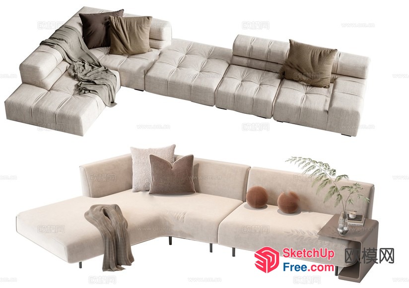 Modern L-Shaped Sofa With Pillows And Throw Blanket 3D SketchUp File
