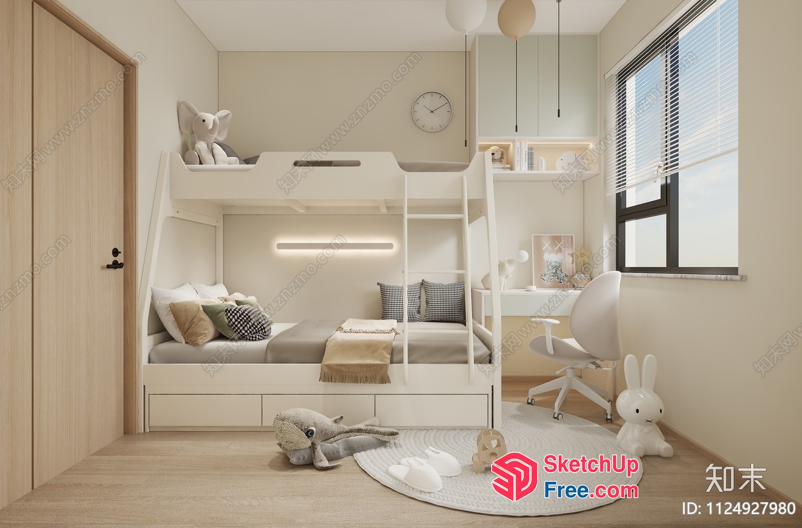 Minimalist White Bunk Bed With Desk And Window 3D SketchUp File
