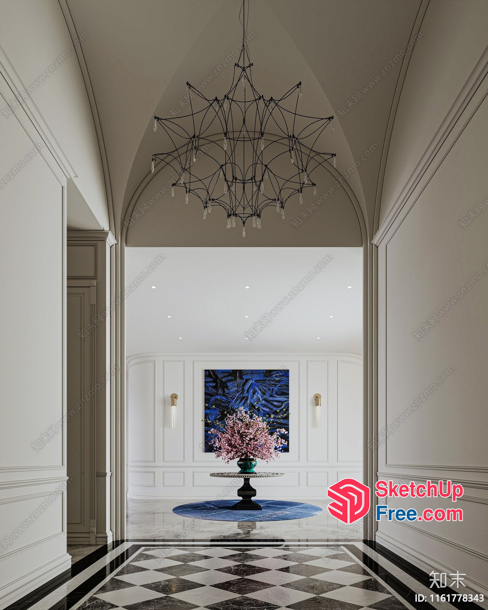 Elegant Hallway With Chandelier And Painting 3D SketchUp File