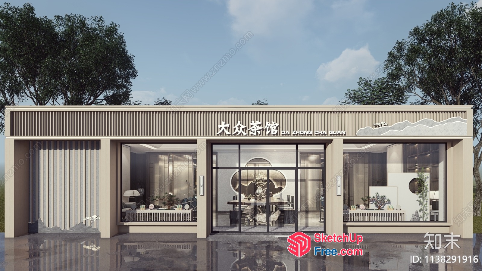 Modern Asian-Inspired Commercial Street Storefront 3D SketchUp File