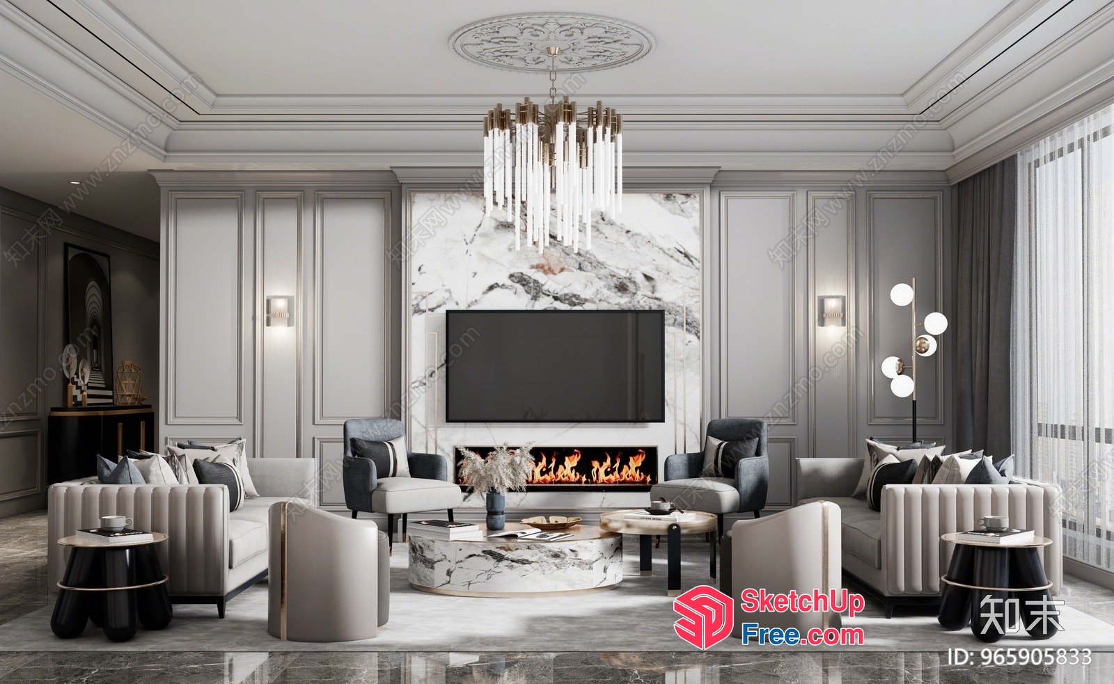 Luxurious Living Room With Fireplace And Tv 3D SketchUp File