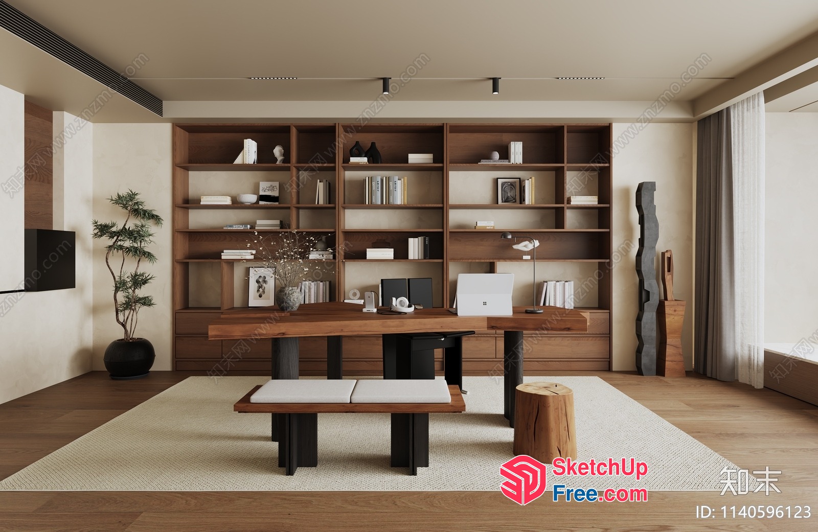 Modern Minimalist Office Interior With Wooden Furniture And Natural Decor 3D SketchUp File