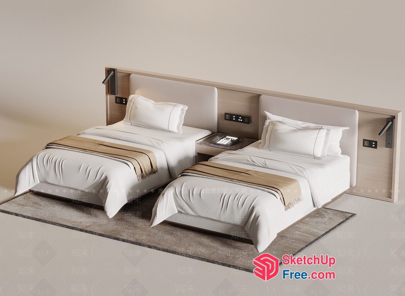 Modern Minimalist Twin Beds With Built-In Headboards 3D SketchUp File