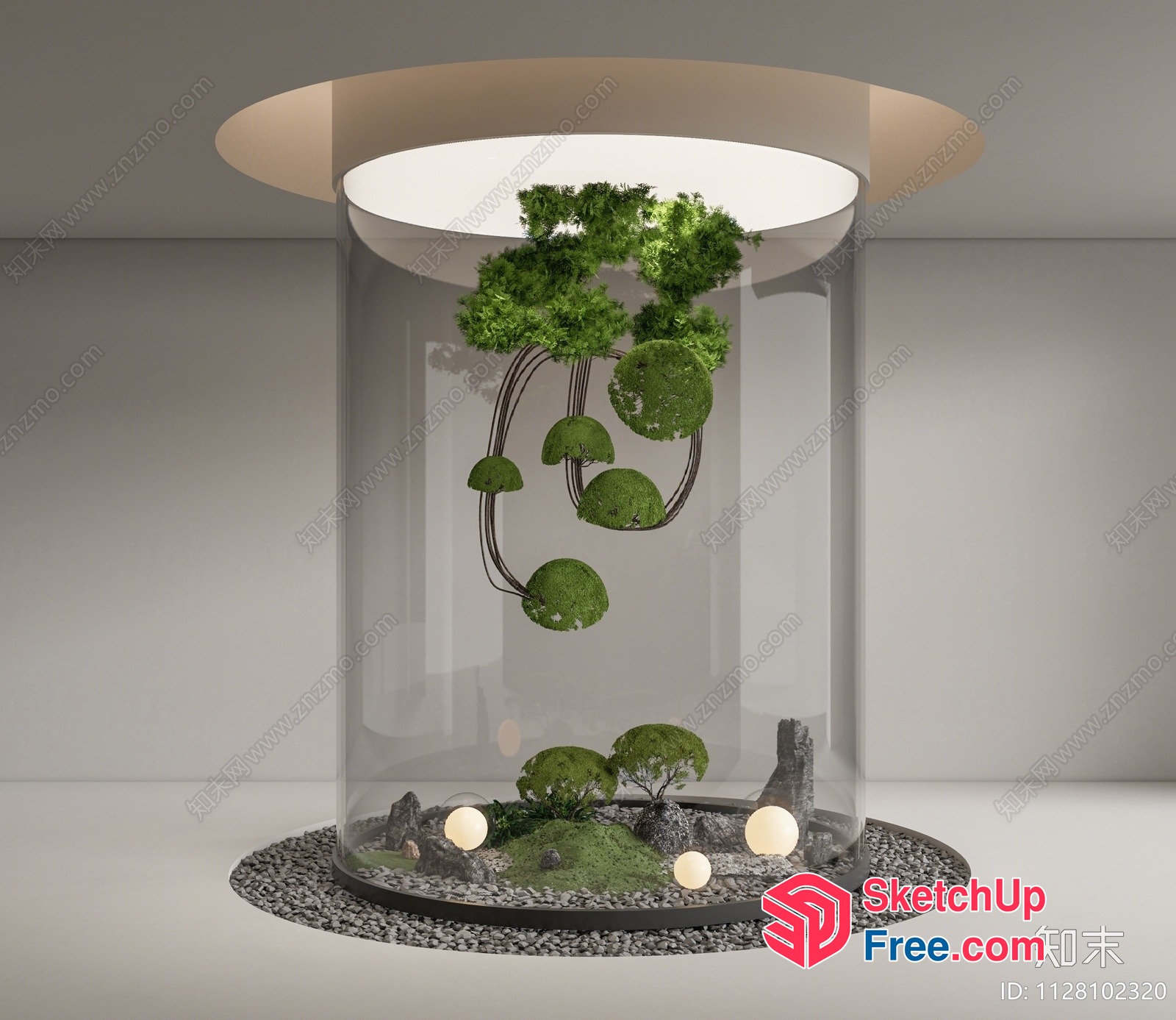 Japanese Style Glass Terrarium With Greenery And Pebbles 3D SketchUp File