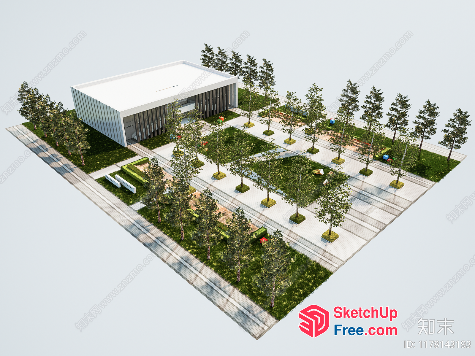 Modern Office Building With Green Roof And Courtyard 3D SketchUp File