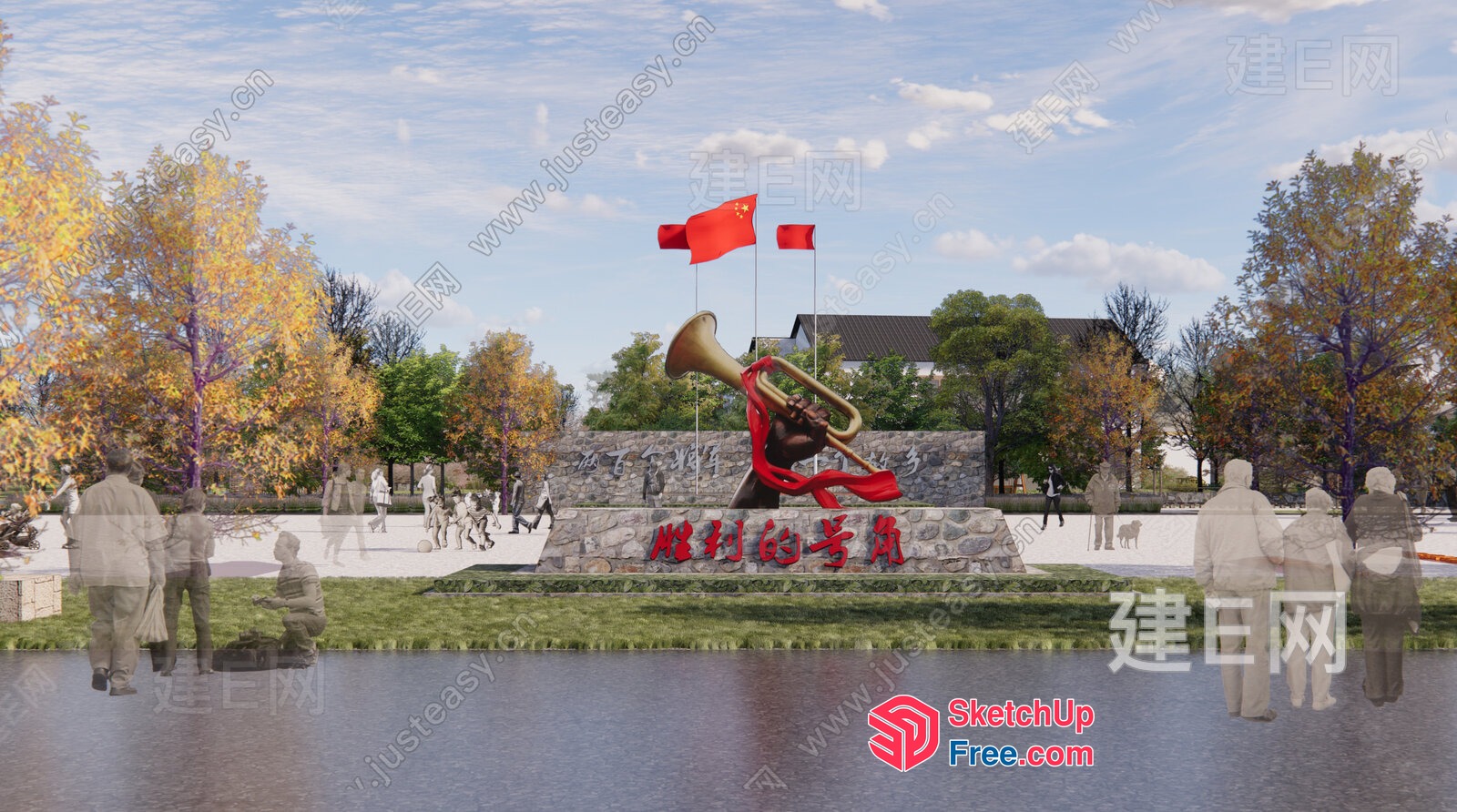 Chinese Cultural Monument With Musical Instrument Statue 3D SketchUp File