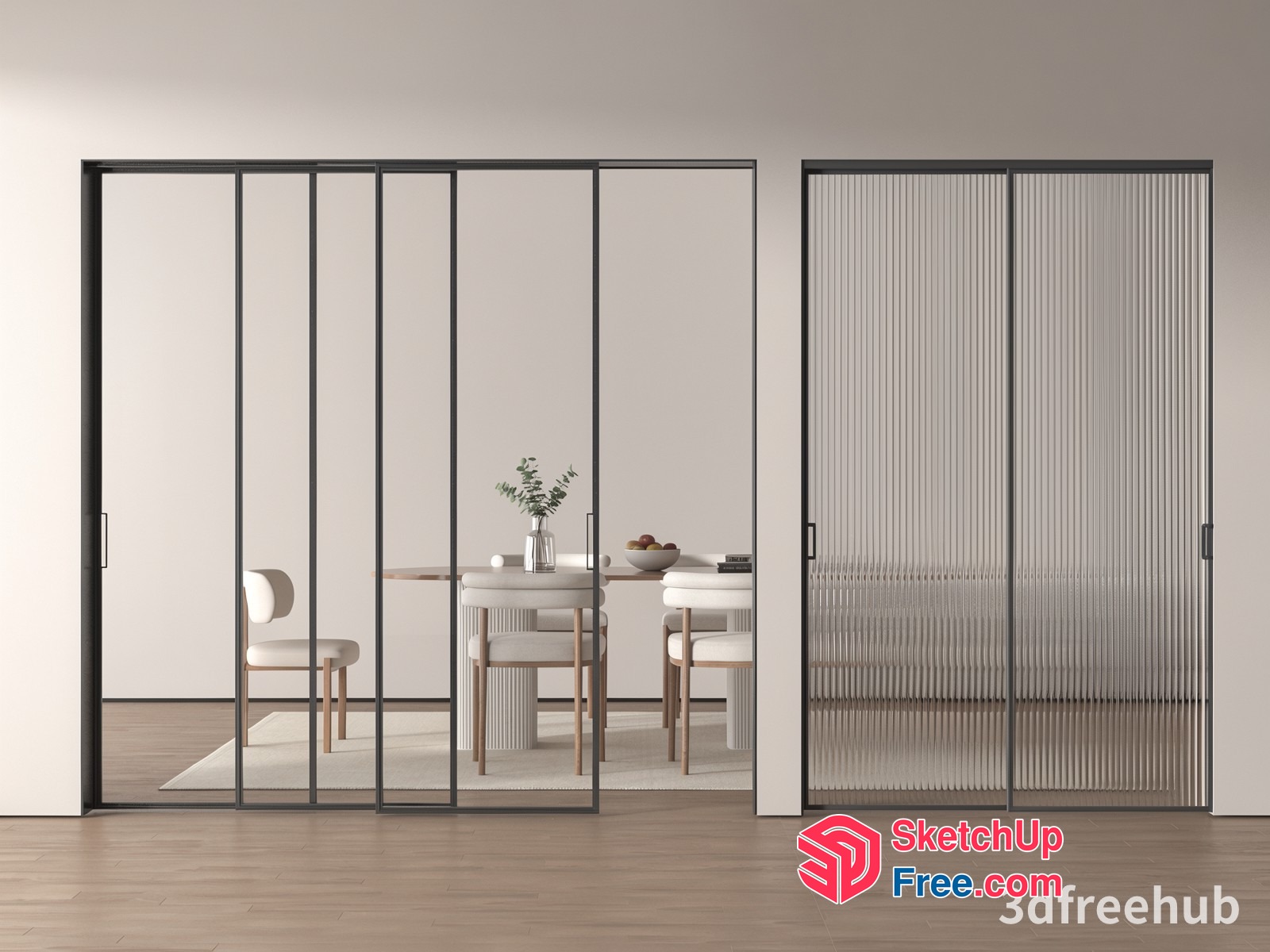 Elegant White Dining Room With Glass Sliding Doors 3D SketchUp File