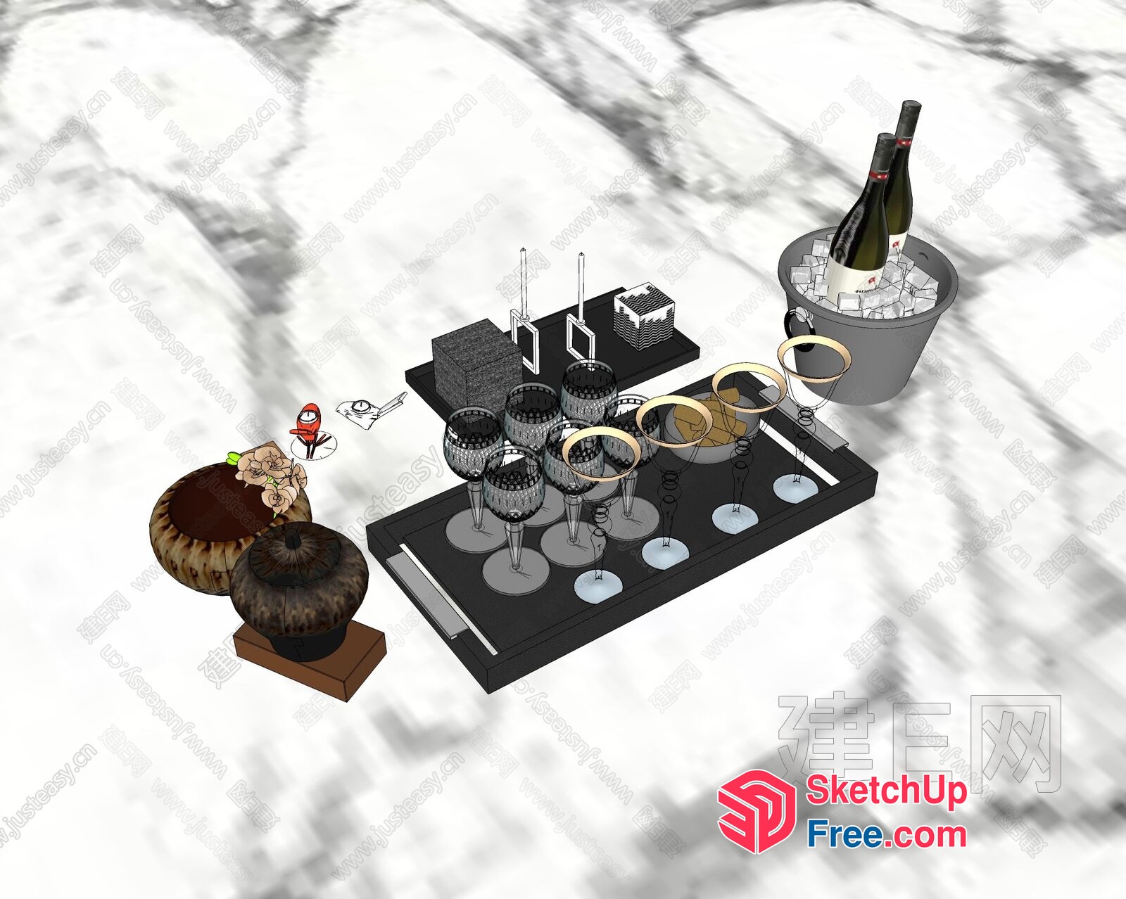 Wine Glasses And Bottles On A Tray 3D SketchUp File