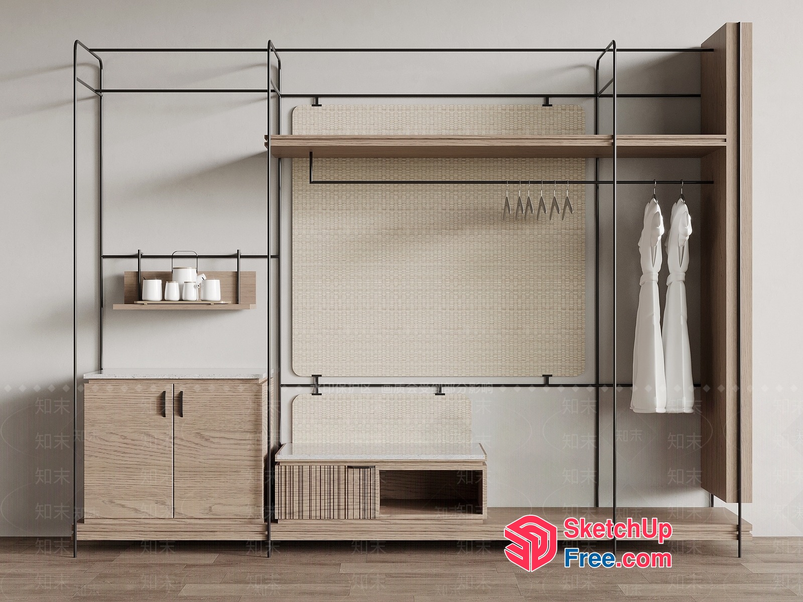 Minimalist Japanese-Style Wardrobe With Natural Wood And Black Metal 3D SketchUp File