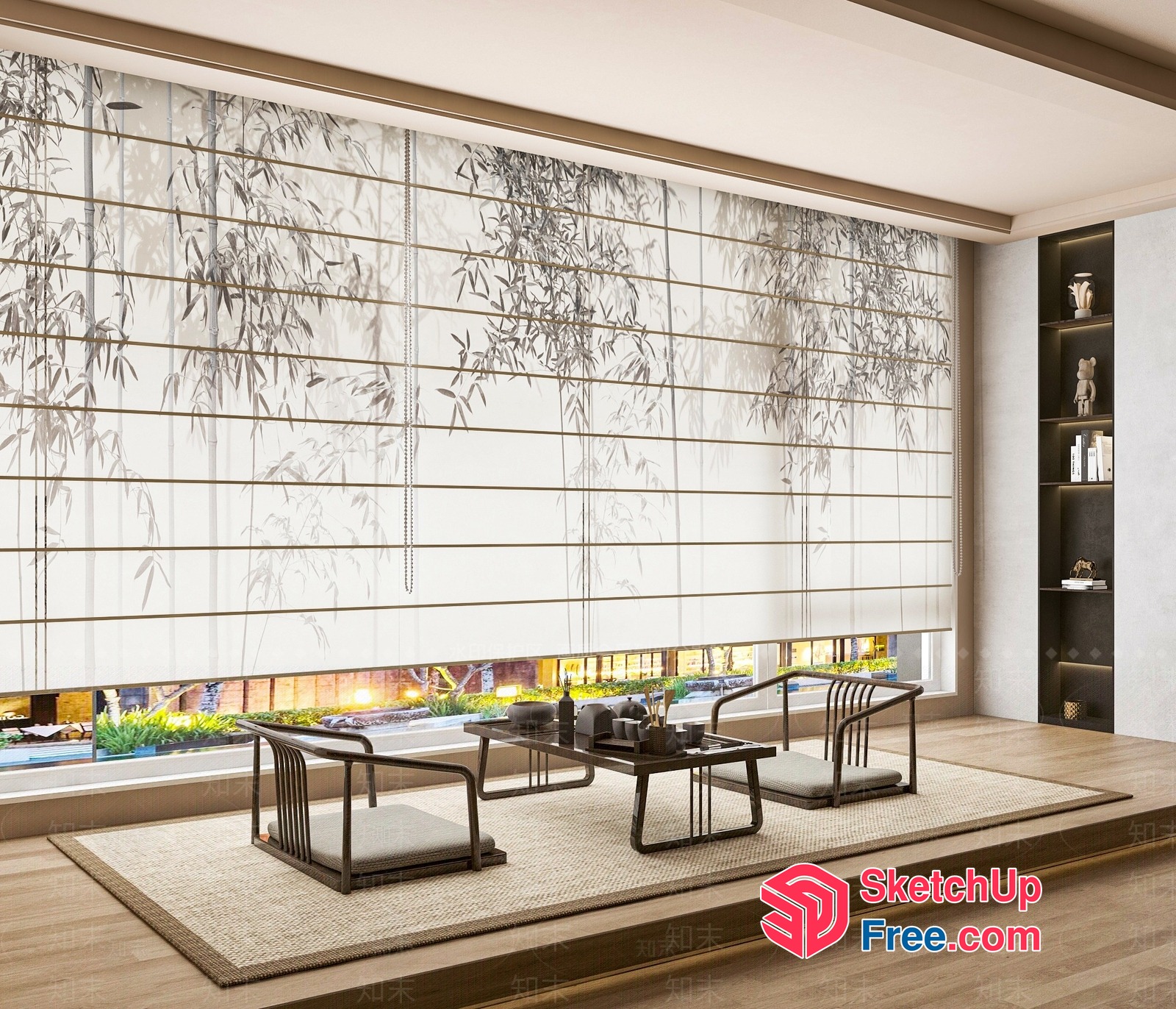 Asian-Inspired Living Room With Bamboo Window Blinds 3D SketchUp File