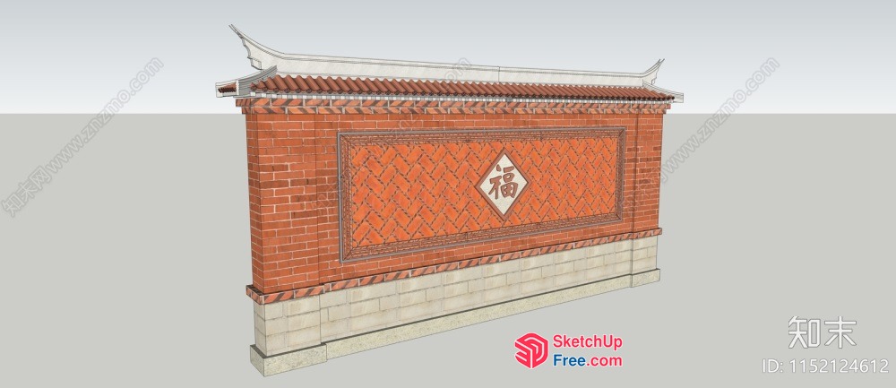 Asian Style Brick Wall With Ornate Design 3D SketchUp File