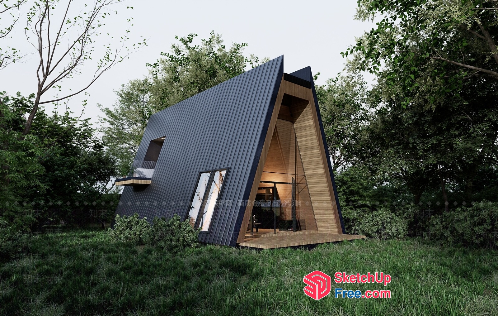A-Frame Cabin With Large Windows And Wooden Accents 3D SketchUp File