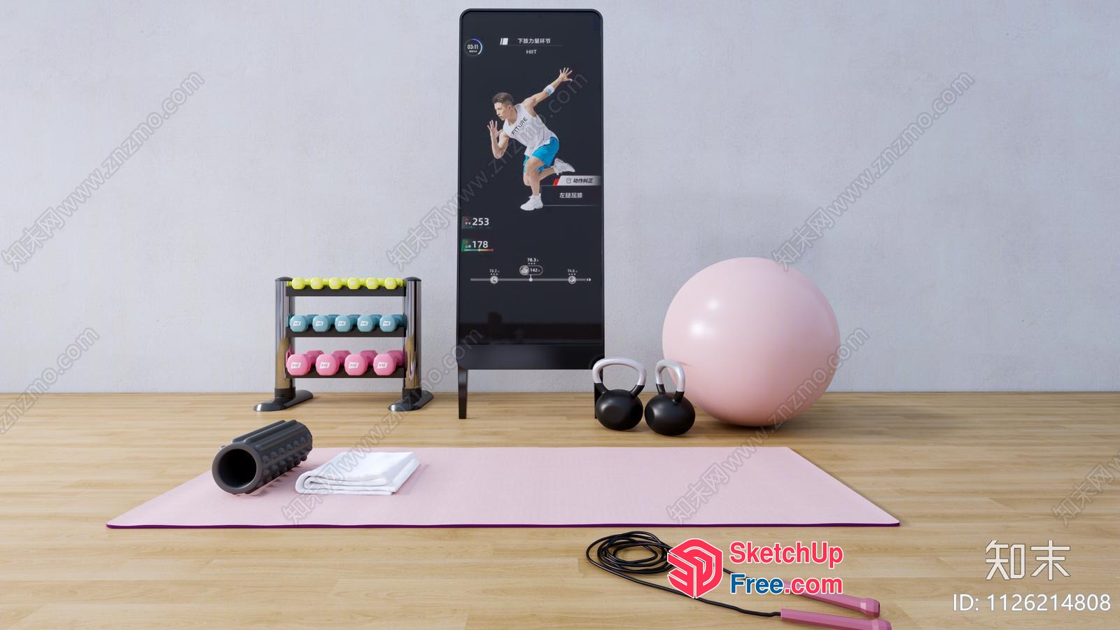 Home Gym Setup With Exercise Equipment And Smart Screen 3D SketchUp File