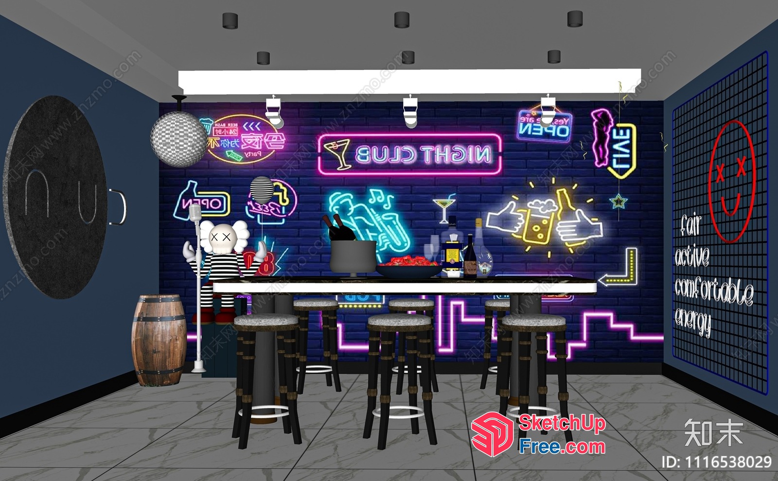 Night Club Interior Design With Neon Lights And Bar Stools 3D SketchUp File