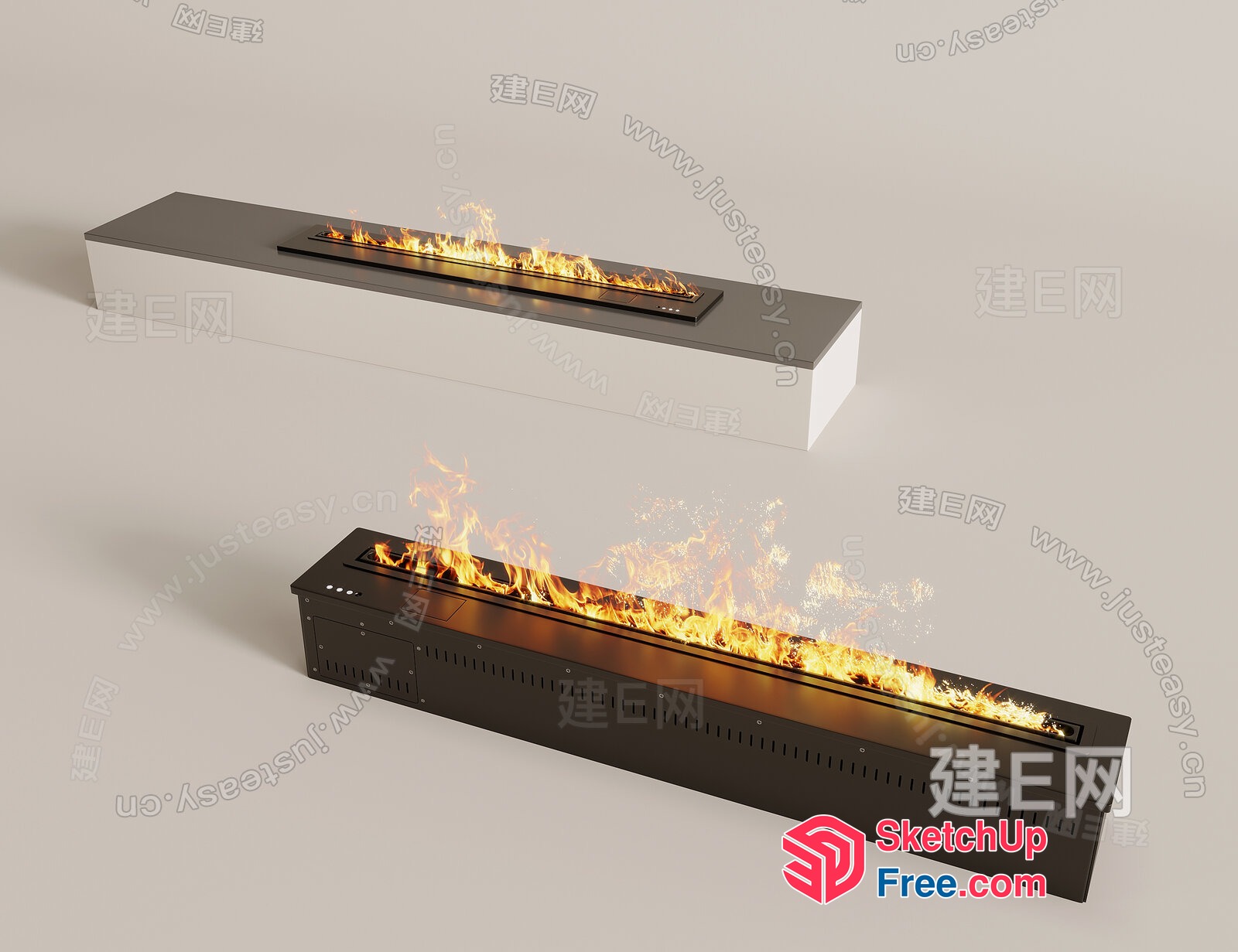 Modern Long Fireplace With Flames 3D SketchUp File