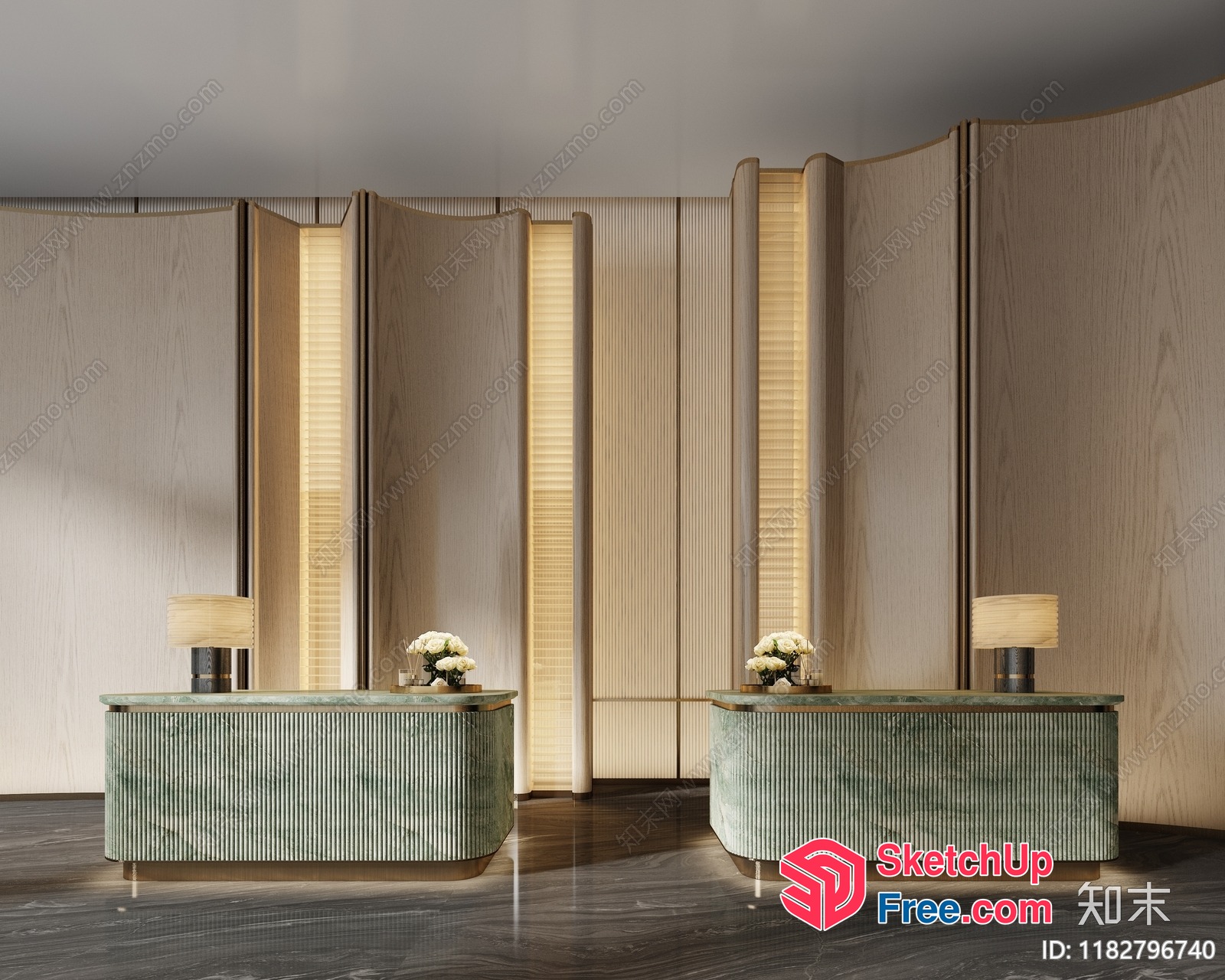 Elegant Reception Desks With Pillar Partition Screen 3D SketchUp File