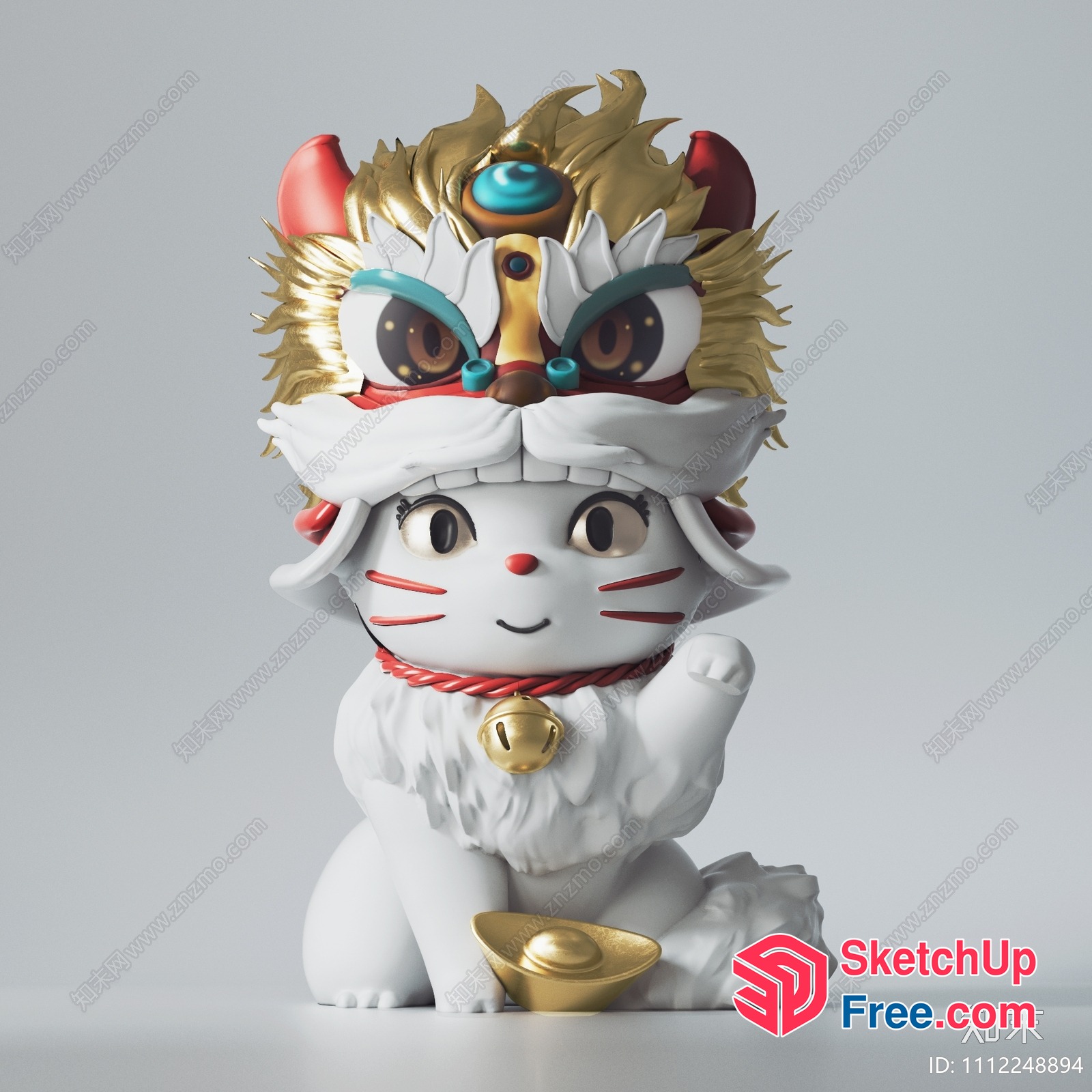 Oriental-Style White Cat Figurine With Gold Accents 3D SketchUp File