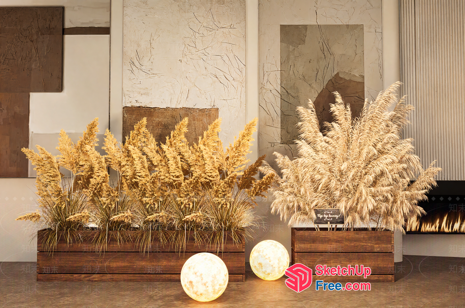 Pampas Grass Arrangement In Wooden Planters 3D SketchUp File
