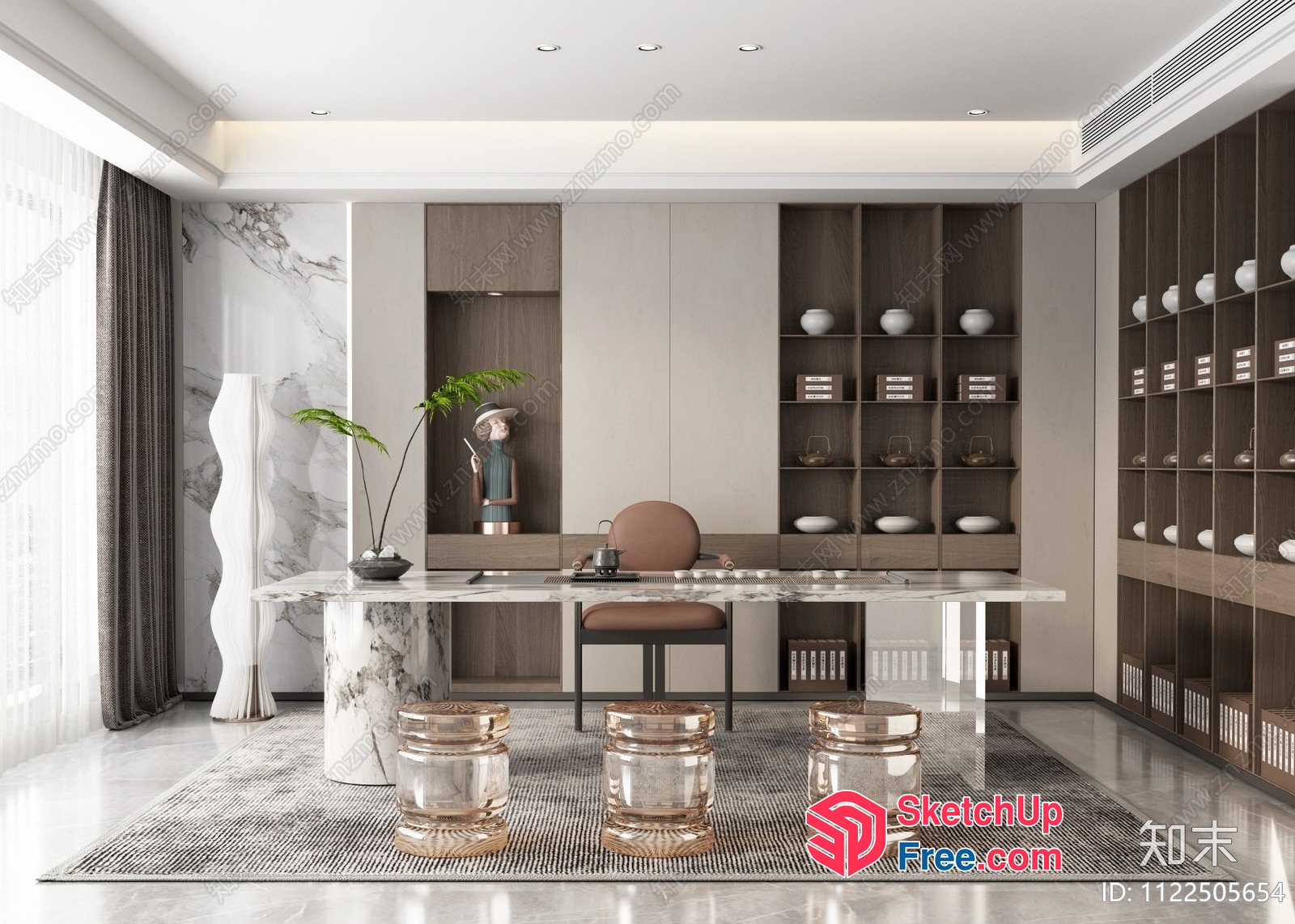 Modern Office Interior With Marble Desk And Shelves 3D SketchUp File