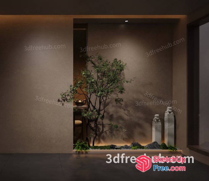 Asian-Inspired Pillars And Plants In A Modern Room 3D SketchUp File