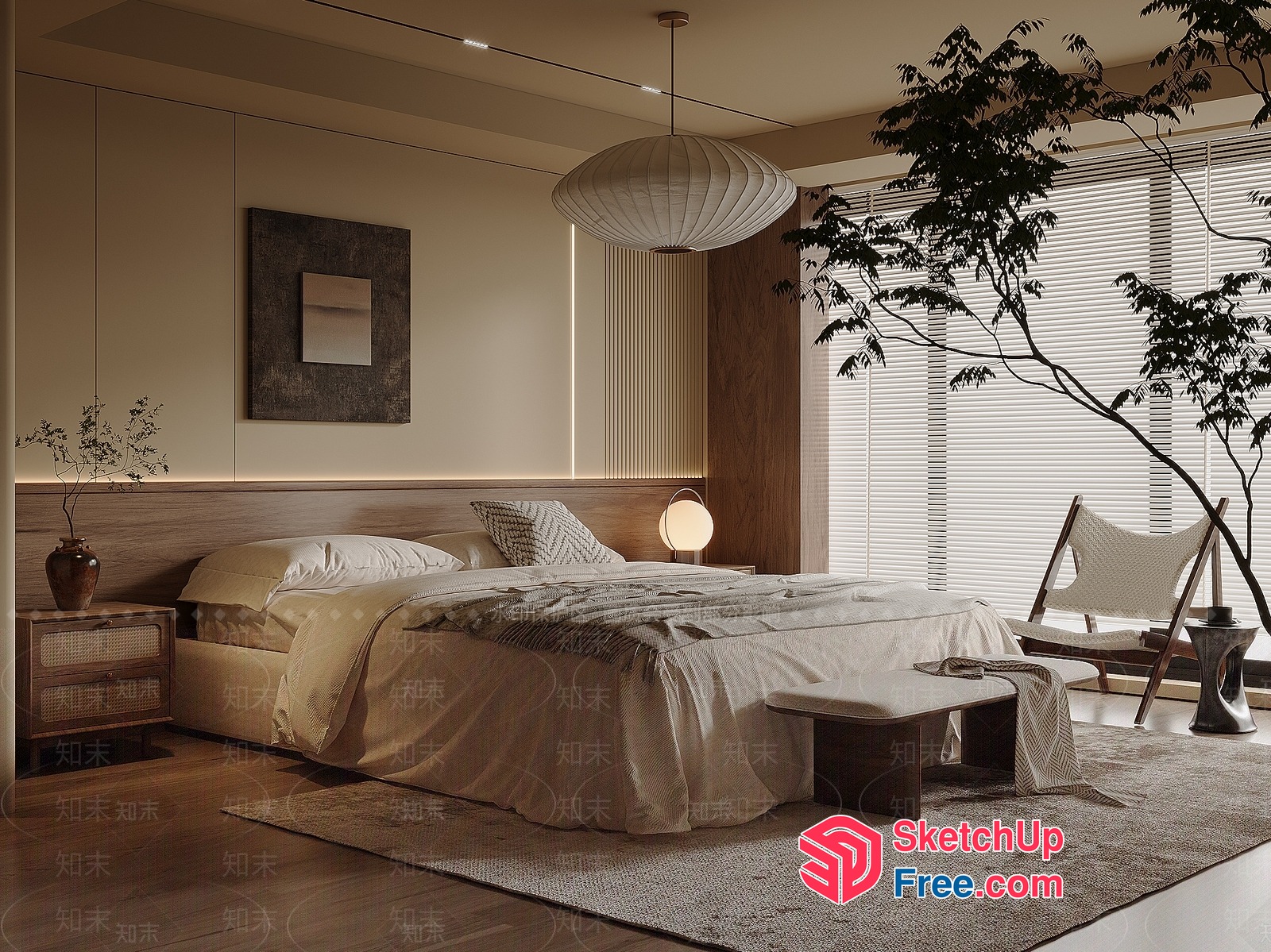 Serene Japanese-Style Bedroom With Natural Light And Decor 3D SketchUp File