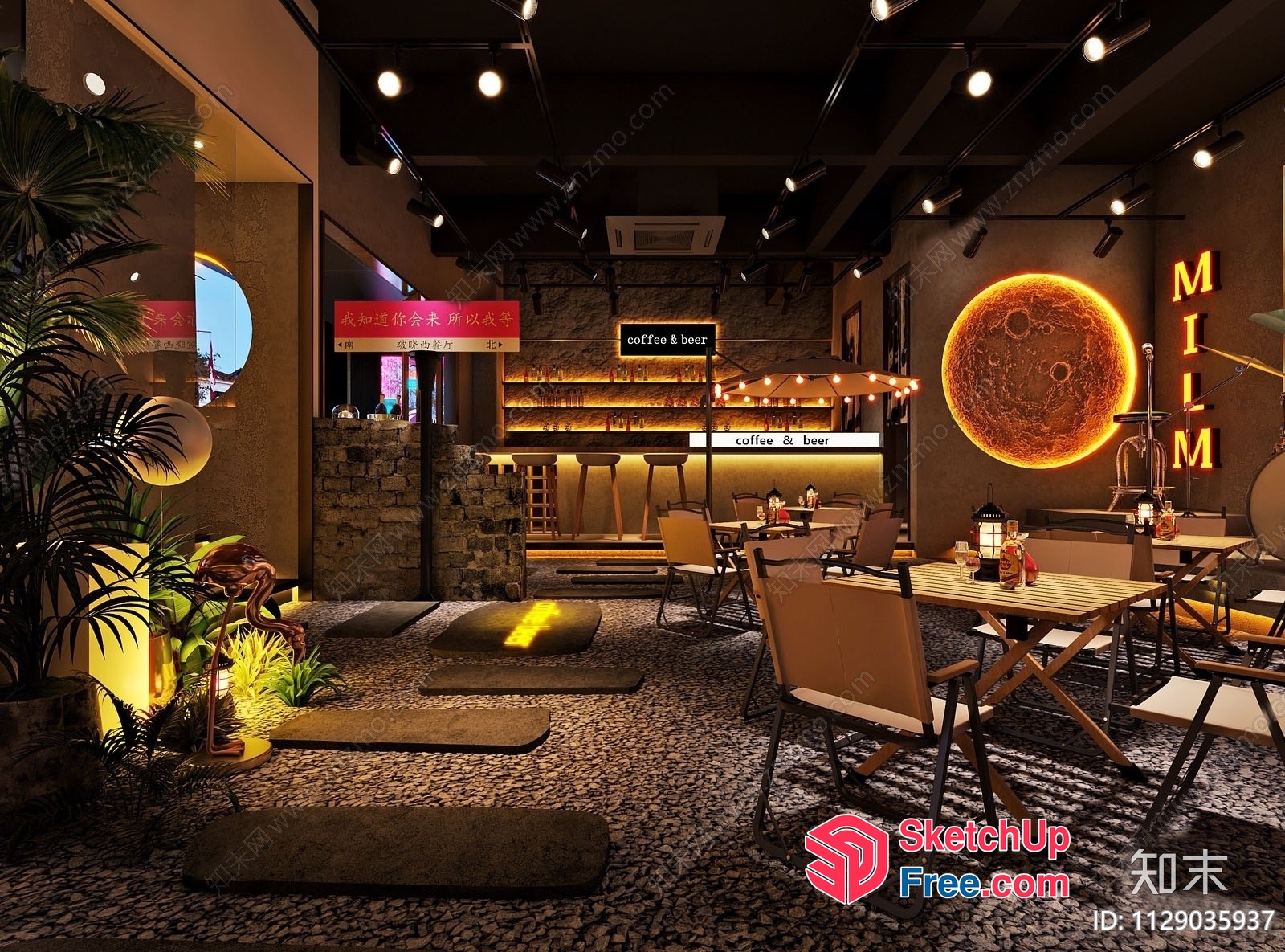 Cozy Coffee Shop Interior With Vintage Style And Modern Lighting 3D SketchUp File