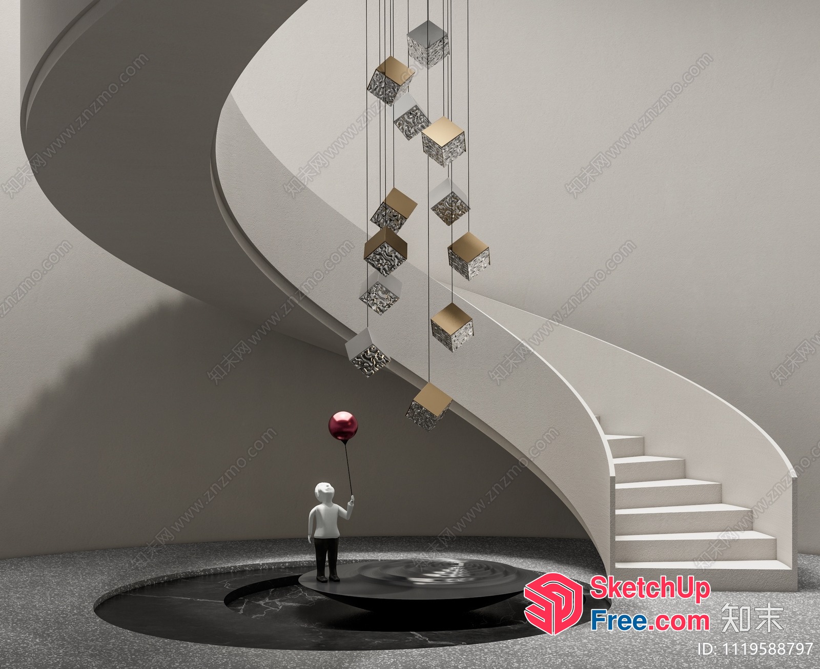 Boy Holding Balloon Under Staircase With Floating Boxes 3D SketchUp File
