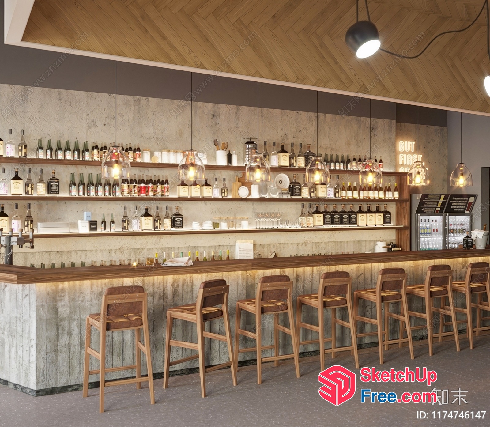 Modern Bar With Sleek Wooden Bar Stools And Shelves 3D SketchUp File