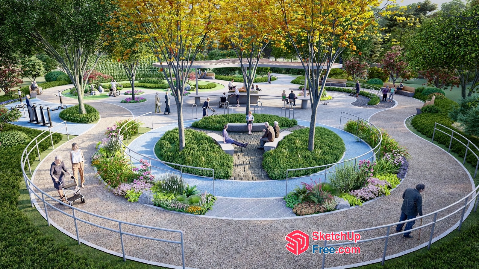 Serene Outdoor Oasis With Curved Walkways And Seating 3D SketchUp File