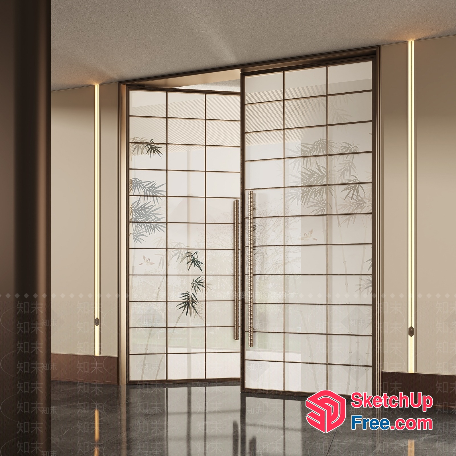 Elegant Modern Glass Door With Palm Leaf Design 3D SketchUp File