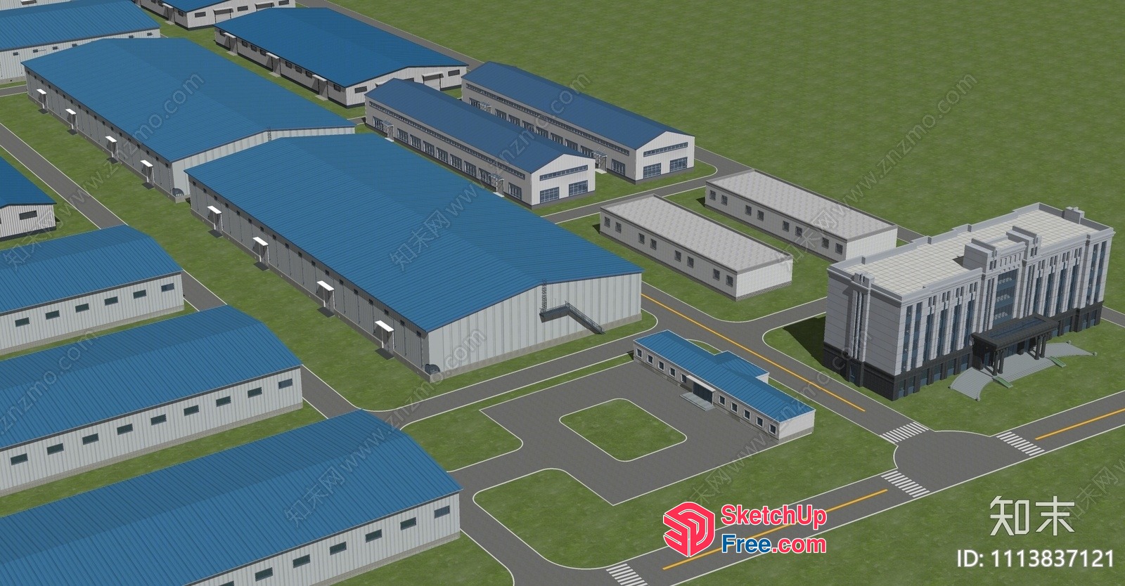 Industrial Park With Blue Roofs And White Buildings 3D SketchUp File