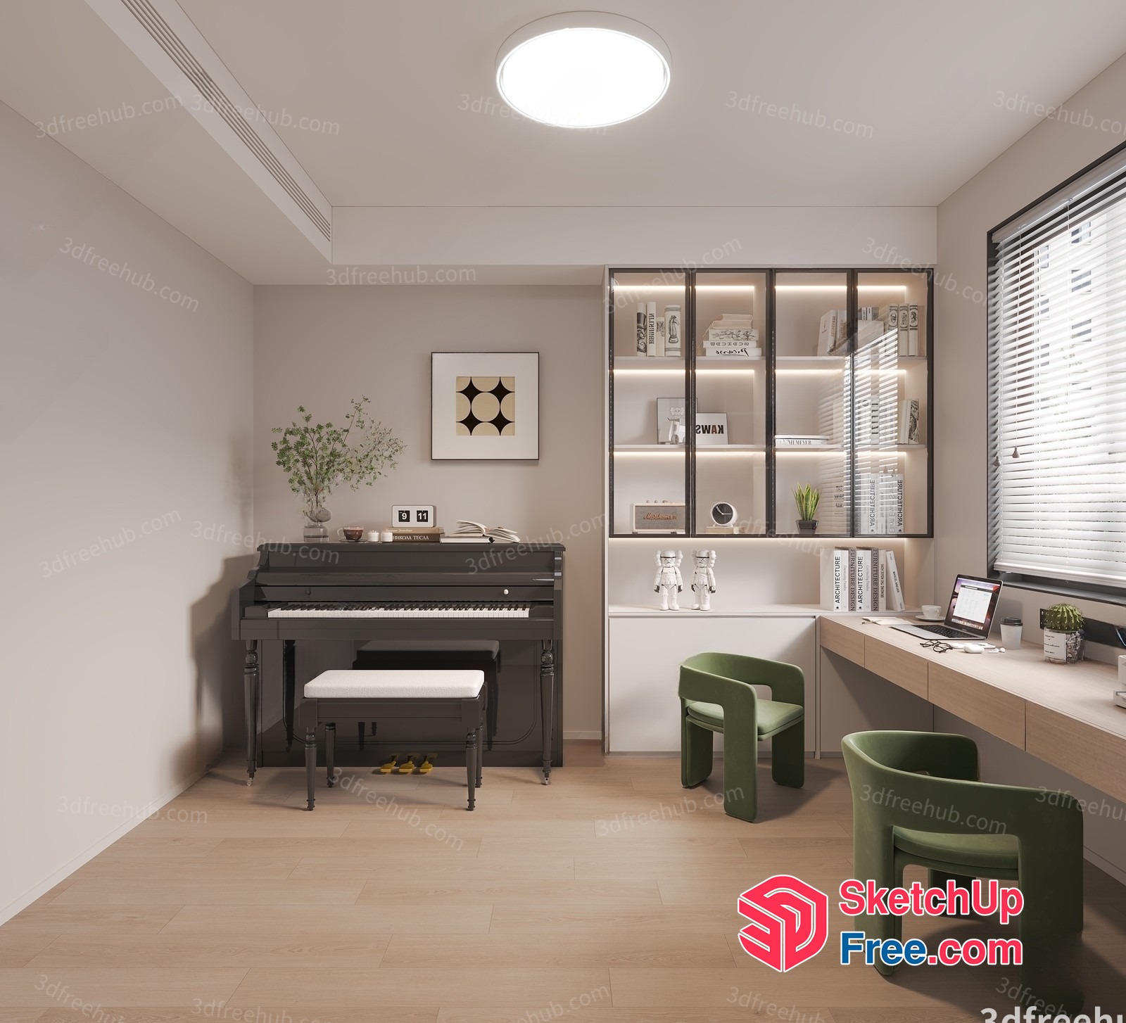 Modern Minimalist Interior With Piano And Desk 3D SketchUp File