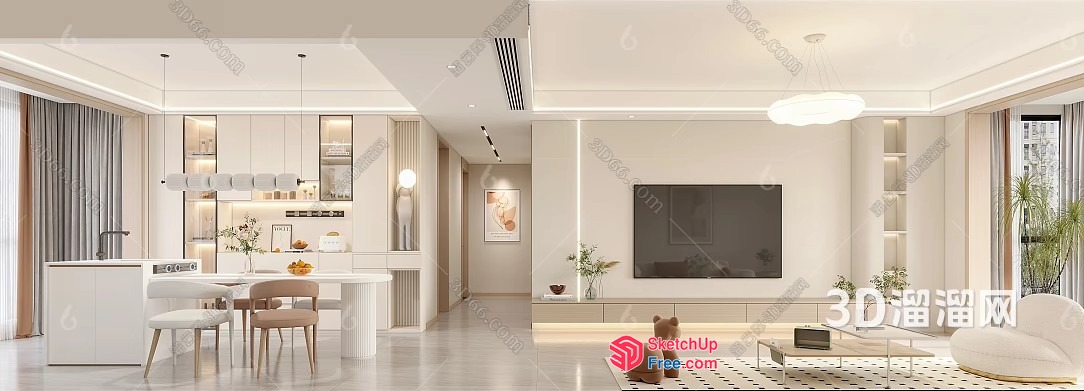 Modern White And Creamy Style Living Room With Dining Area 3D SketchUp File