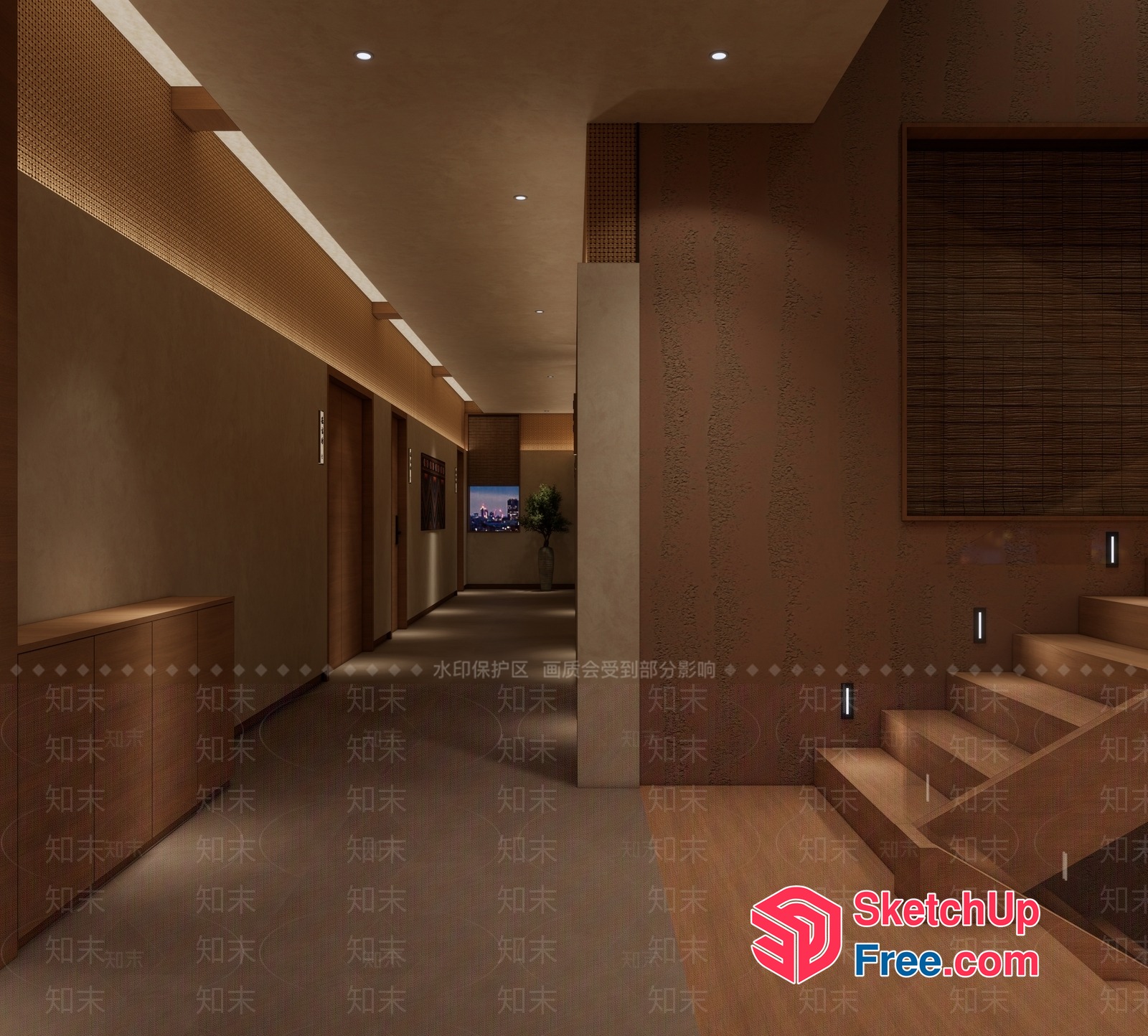Modern Japanese-Style Interior Hallway With Stairs 3D SketchUp File