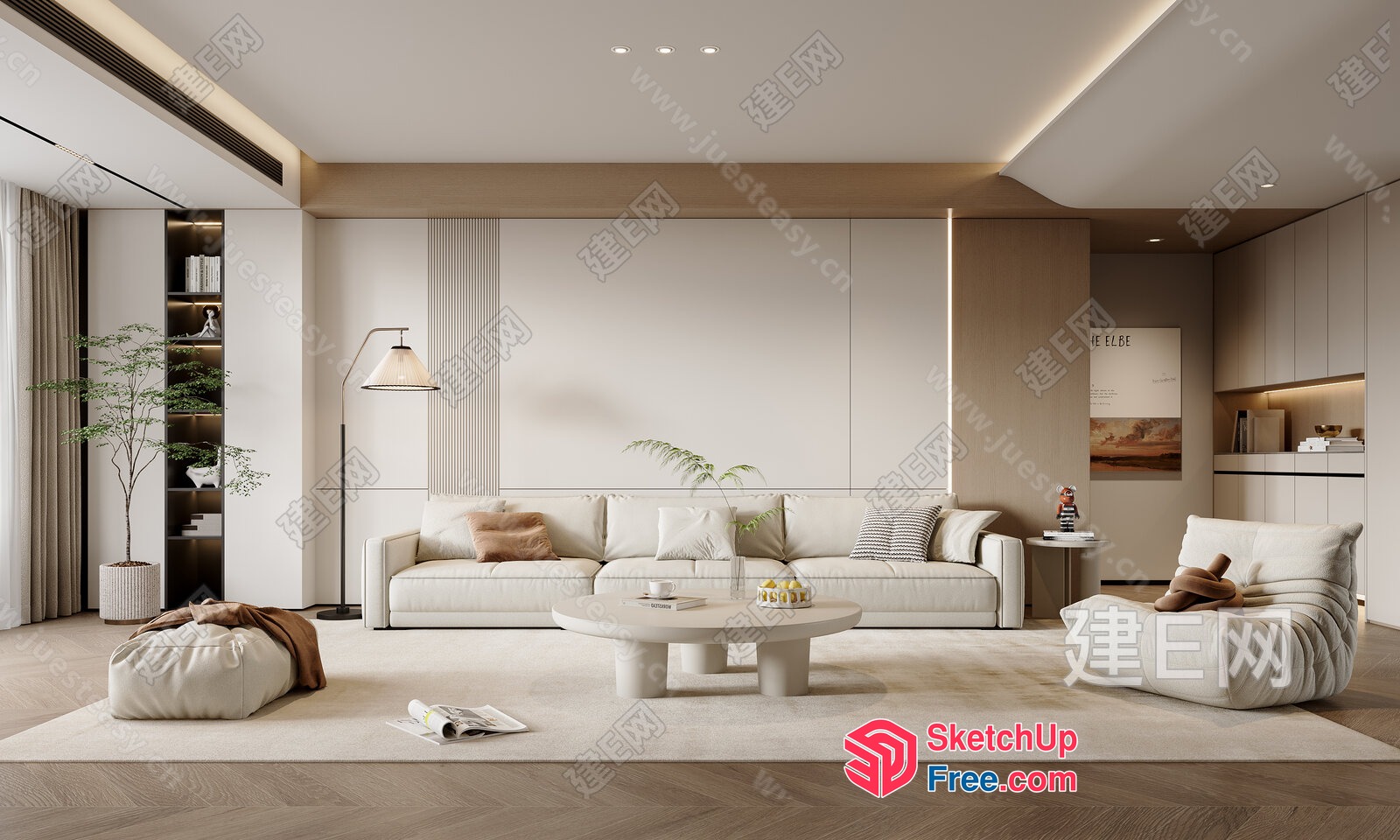 Elegant Modern Living Room With Creamy Style And Minimalist Decor 3D SketchUp File