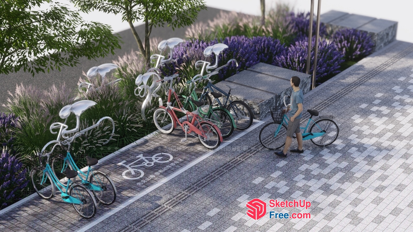Colorful Bicycles Parked Along A Paved Path 3D SketchUp File