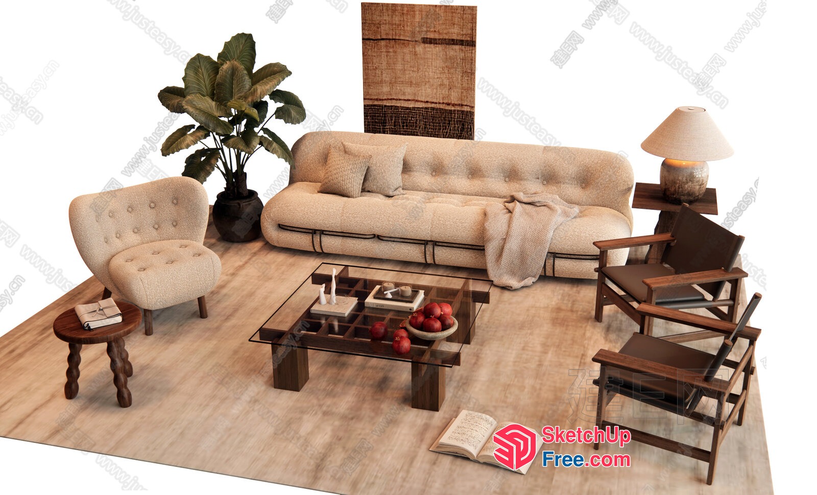 Modern Living Room With Cream Sofa And Wooden Furniture 3D SketchUp File