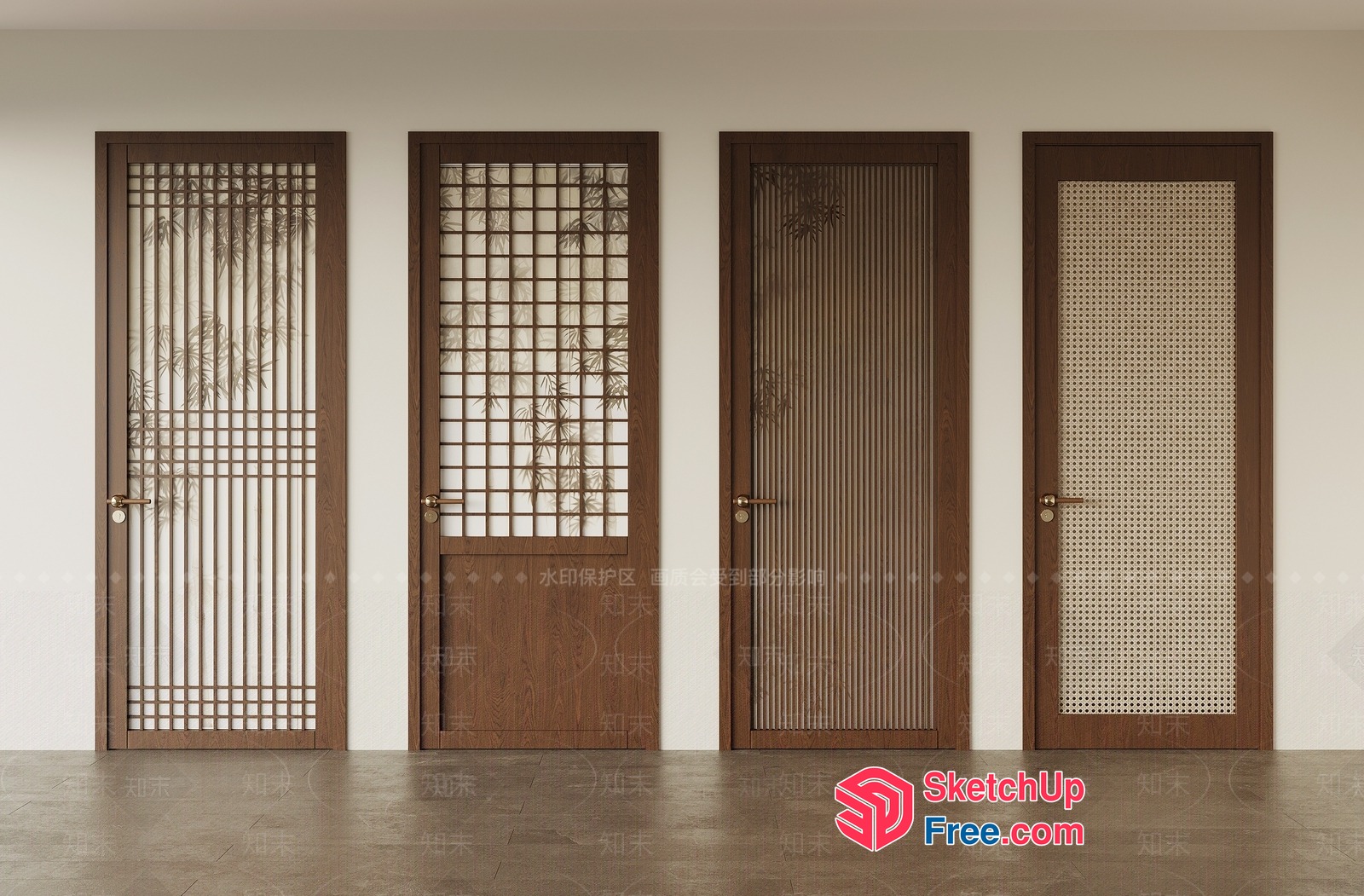 Four Wooden Doors With Various Decorative Patterns 3D SketchUp File