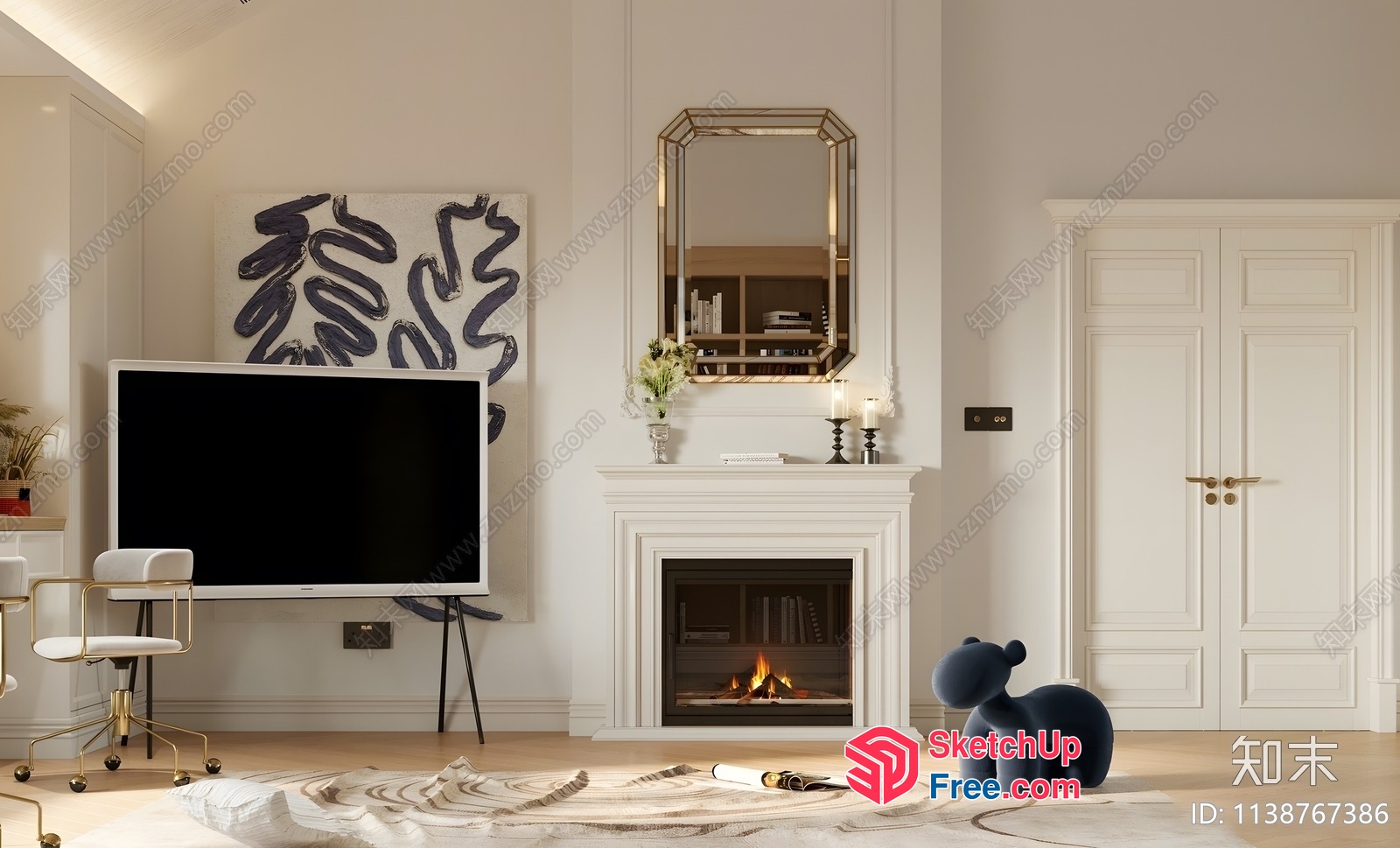 Modern White Living Room With Fireplace And Tv 3D SketchUp File