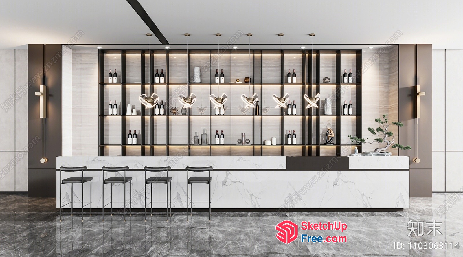 Elegant Modern Bar Interior With Wine Bottle Shelves 3D SketchUp File