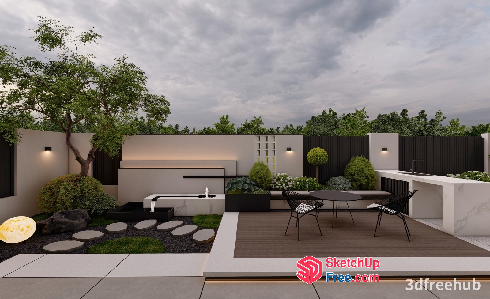Modern Outdoor Living Space With Water Feature And Seating 3D SketchUp File