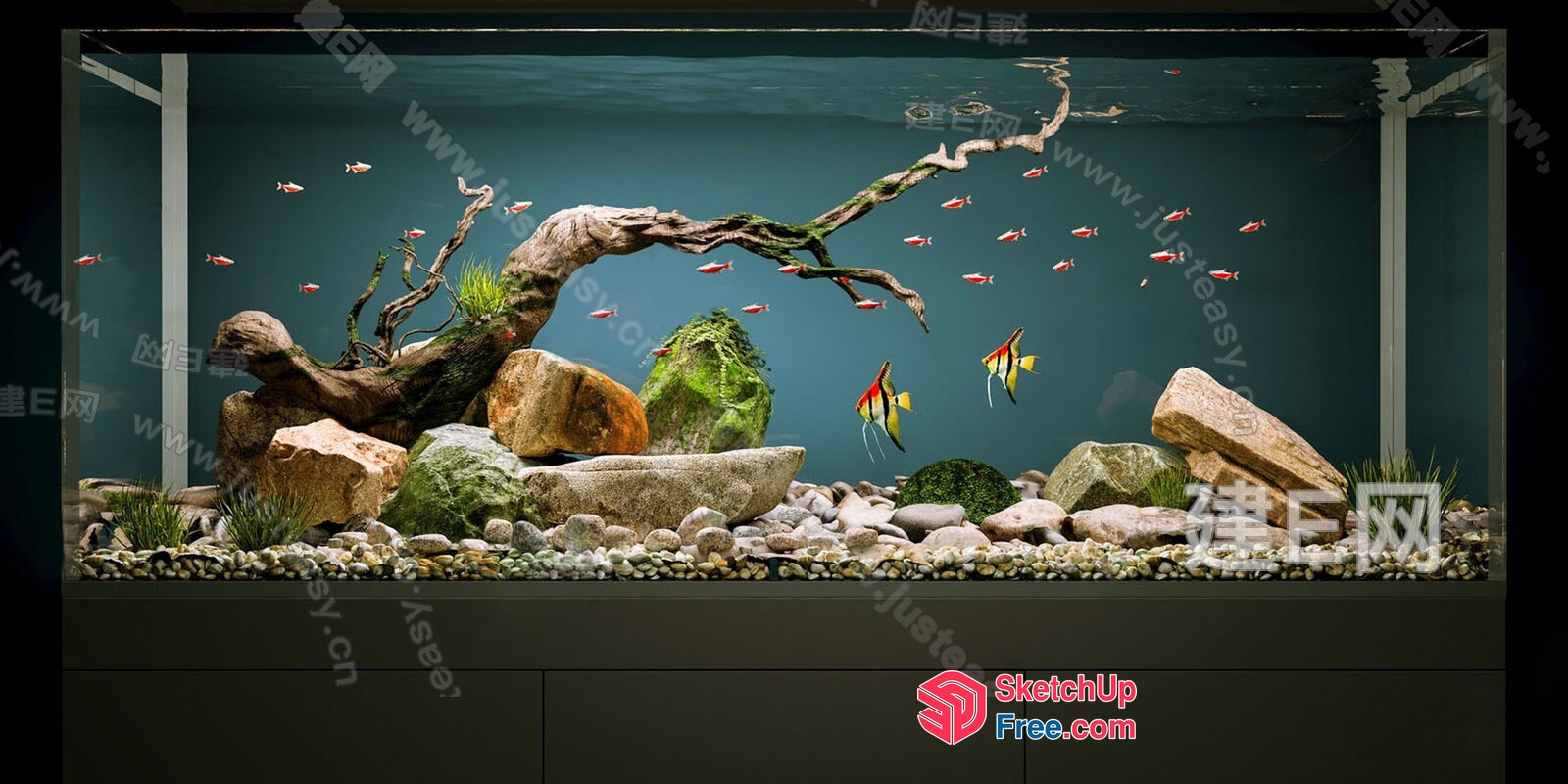 Beautiful Aquarium With Vibrant Fish And Decorative Rocks 3D SketchUp File