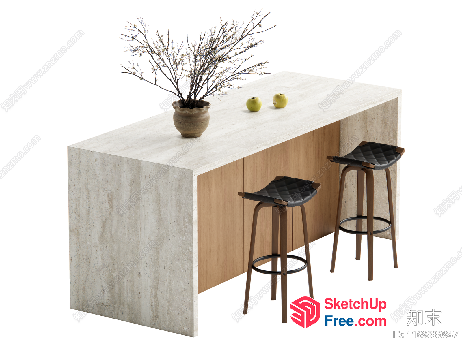 Minimalist Kitchen Island With Bar Stools 3D SketchUp File