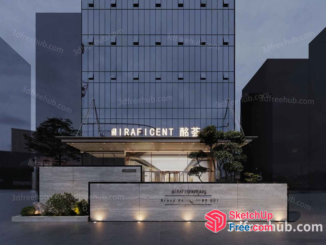 Modern Hotel Entrance With Glass Curtain Wall 3D SketchUp File