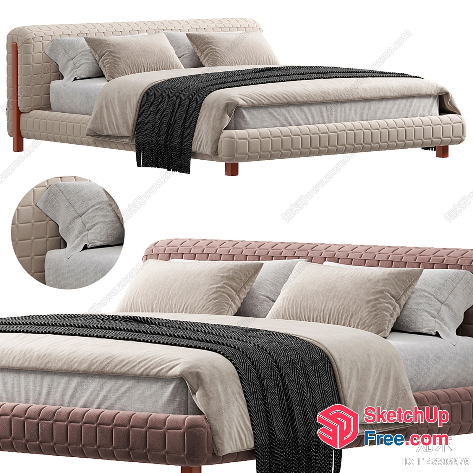Modern Upholstered Bed With Wood Legs 3D SketchUp File