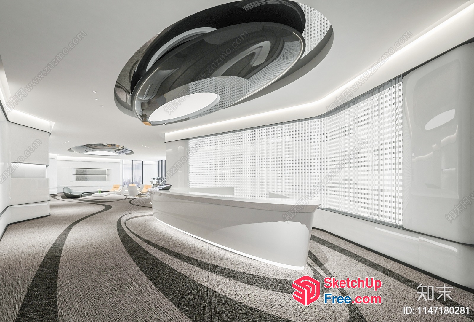 Modern White Office Space With Unique Ceiling Design 3D SketchUp File
