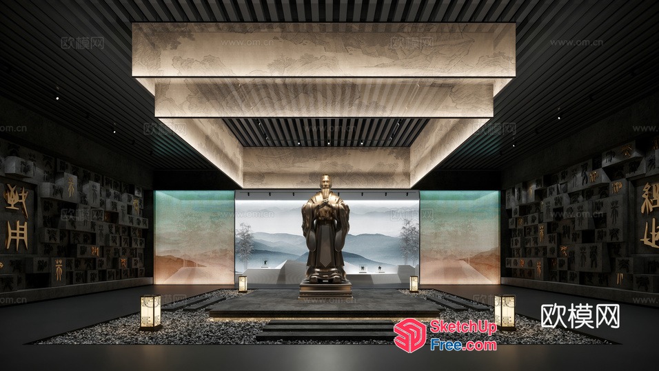 A Modern Asian-Inspired Interior Space With A Statute 3D SketchUp File