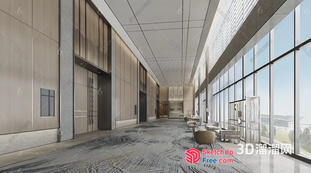 Modern Office Interior With Elevators And Stairs 3D SketchUp File