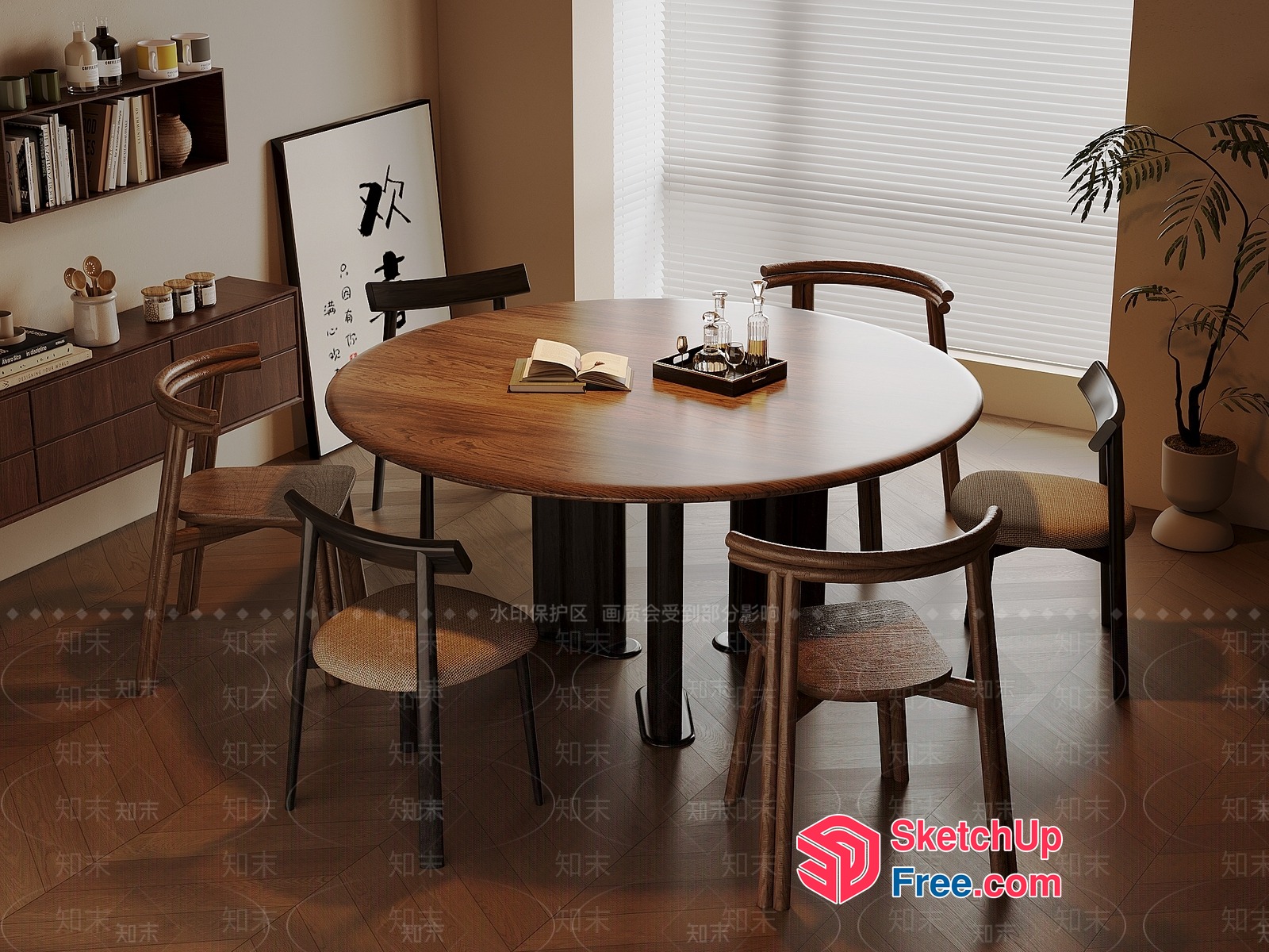 Elegant Modern Dining Room With Round Table And Wooden Chairs 3D SketchUp File
